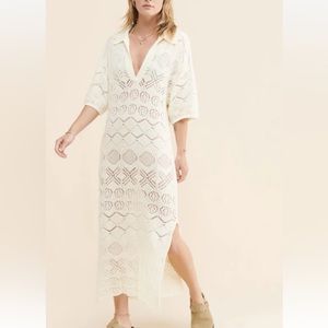 Free People Beach New Islamorada Crochet Maxi Dress Cover Up Collar Cream Ivory